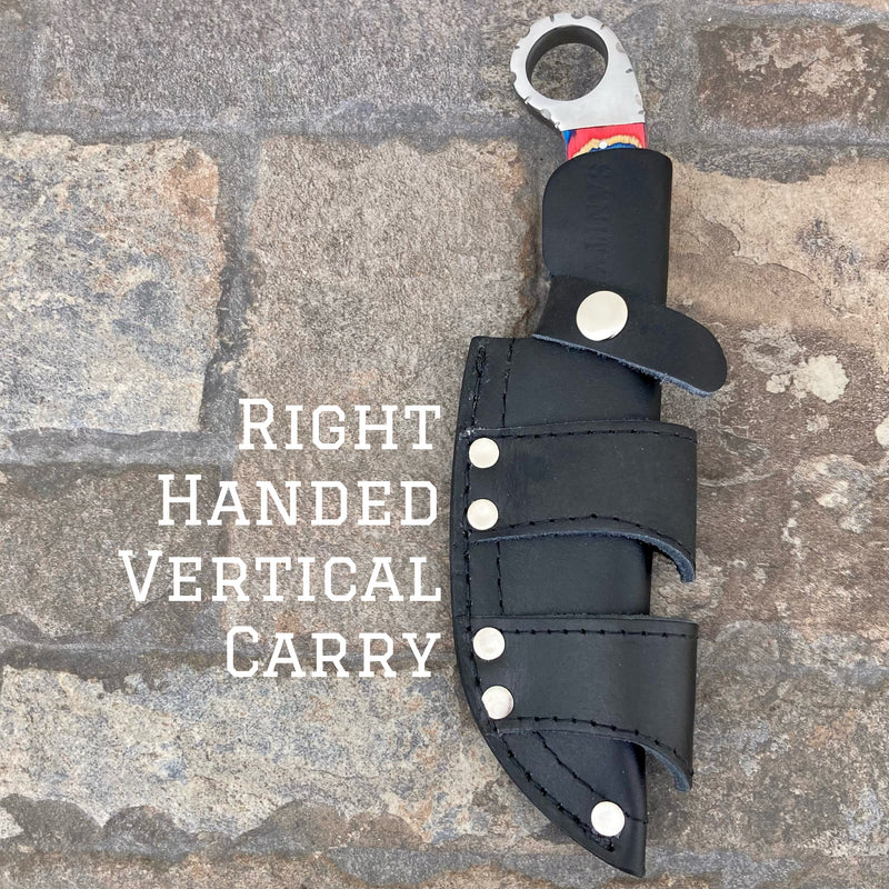 SANITY JEWELRY® Steel Belt Sheath Right Handed Vertical 9" Al Capone - Red/White/Blue Wood - D2 - Horizontal & Vertical Carry - PE02