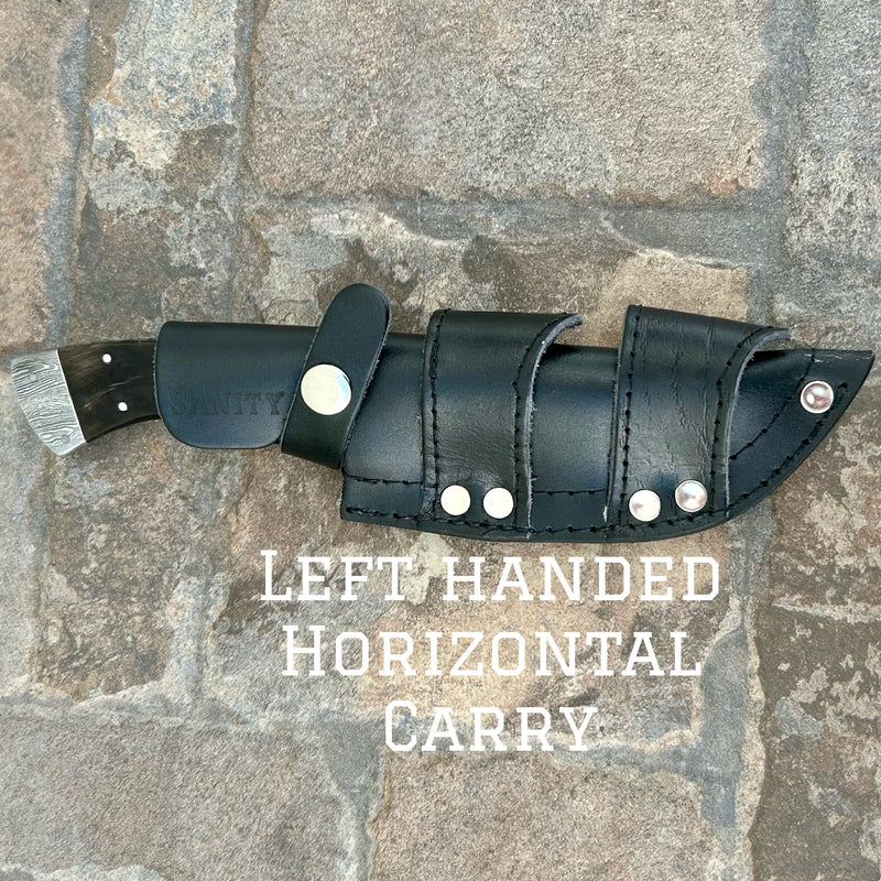 Sanity Jewelry Steel Left Handed Horizontal 8.5” Lucky Luciano - Buffalo Horn - Damascus - Horizontal & Vertical Carry - LL01