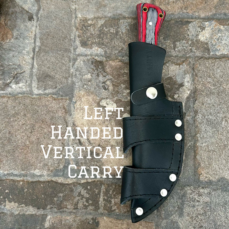 SANITY JEWELRY® Steel Left Handed Vertical 10” Rough Rider Series - I’ll Be Your Huckleberry - Red & Black Wood - D2 Steel - Horizontal & Vertical Carry - CUS66