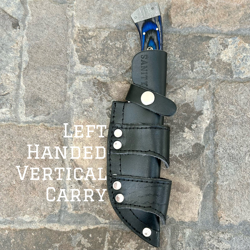 Sanity Jewelry Steel Left Handed Vertical 8.5” Lucky Luciano - Blue & Black Wood - Damascus - Horizontal & Vertical Carry - LL07