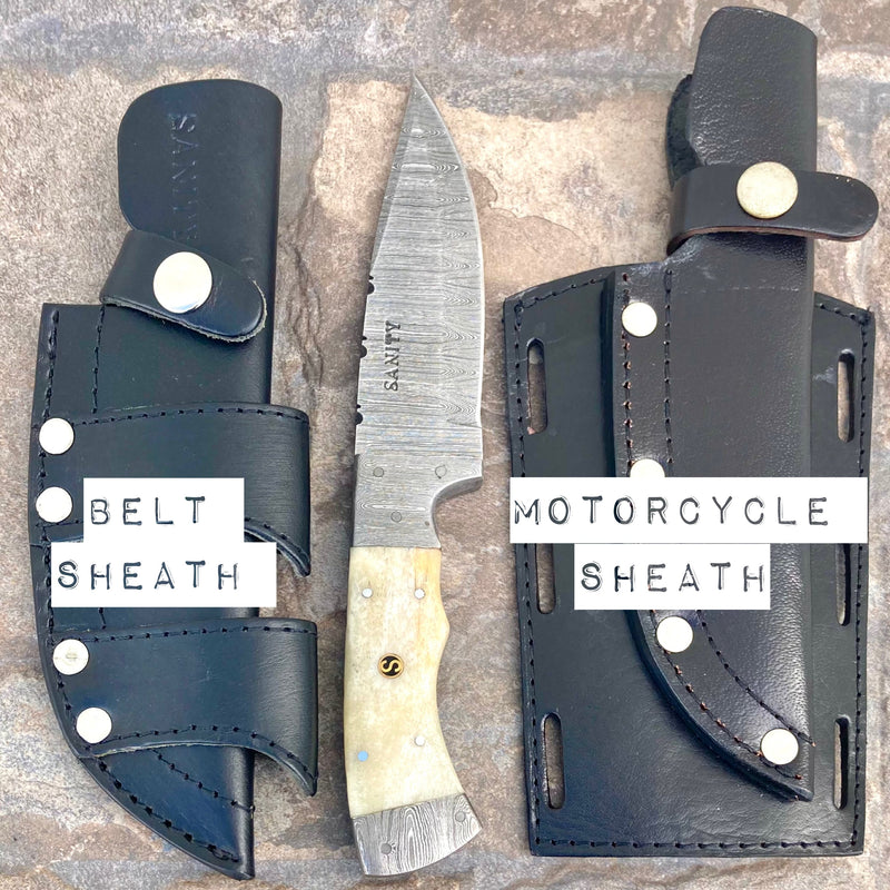 Sanity Jewelry Steel Motorcycle Sheath W/Belt Sheath Right Handed Horizontal 8.5” Lucky Luciano - Blue & Black Wood - Damascus - Horizontal & Vertical Carry - LL07