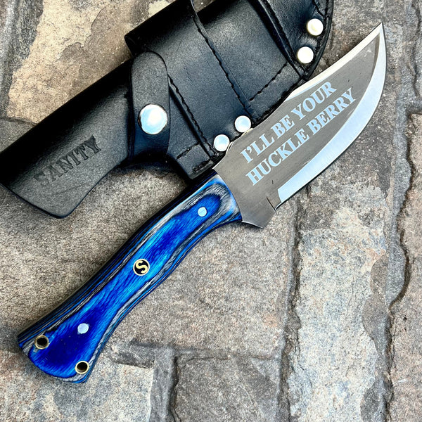 SANITY JEWELRY® Steel Right Handed Holder Rough Rider Series - I'll Be Your Huckleberry - D2 Steel - Blue & Black Wood - Horizontal & Vertical Carry - 10" - CUS03
