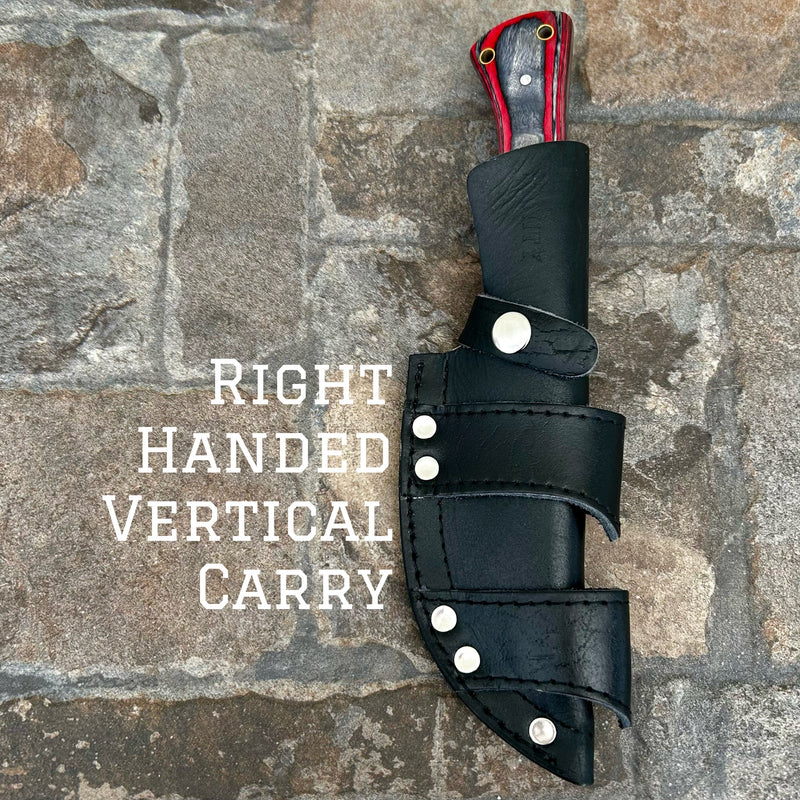 SANITY JEWELRY® Steel Right Handed Vertical 10” Rough Rider Series - I’ll Be Your Huckleberry - Red & Black Wood - D2 Steel - Horizontal & Vertical Carry - CUS66