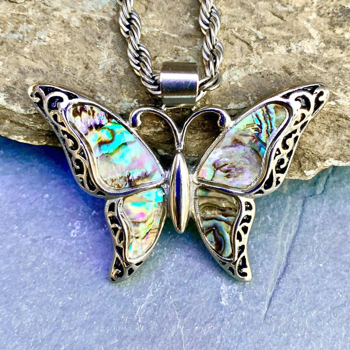 Striking Abalone shell offers + Mystic Fire Topaz Handcrafted vintage butterfly pendant