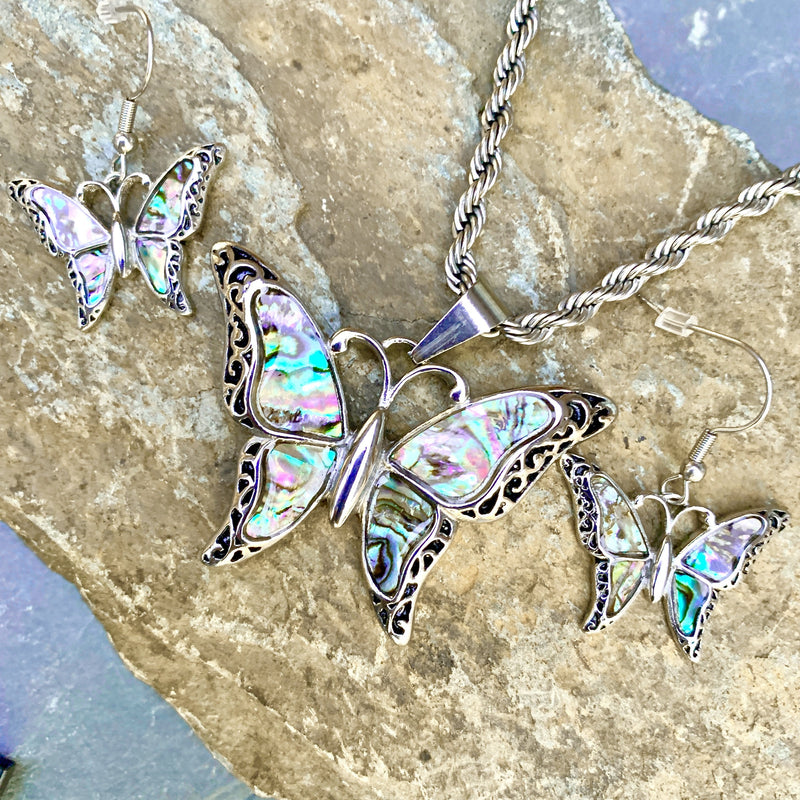Abalone - Butterfly "Scrollwork" Pendant & Chain SK2559 Biker Jewelry Skull Jewelry Sanity Jewelry Stainless Steel jewelry