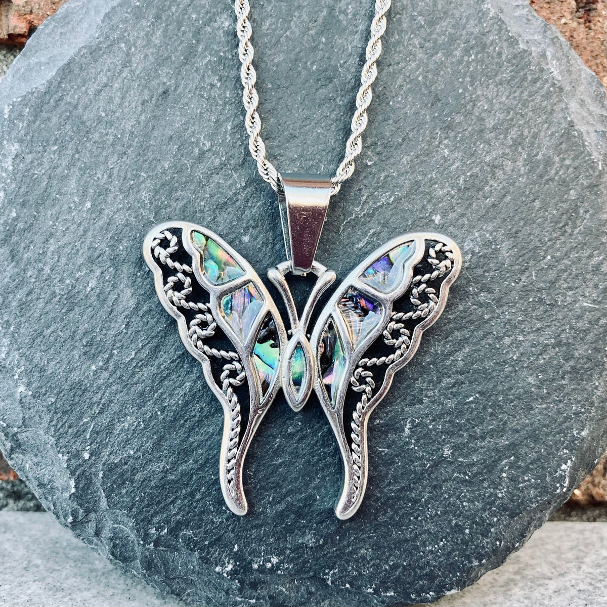 Green Abalone Butterfly Pendant Necklace With Popcorn Chain & Matching Earrings - Jewelry Set - View #4