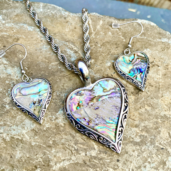 Abalone - Heart Pendant & Chain SK Biker Jewelry Skull Jewelry Sanity Jewelry Stainless Steel jewelry