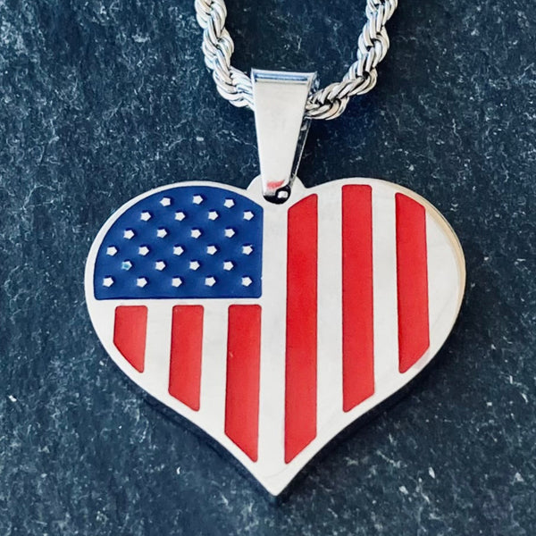 Sanity Jewelry American Flag Heart - Red, White & Blue -  PEN775 & Classic Rope Chain
