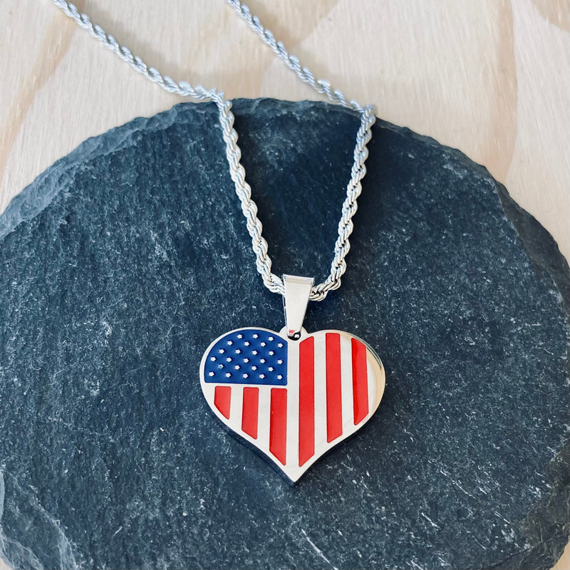 Sanity Jewelry American Flag Heart - Red, White & Blue -  PEN775 & Classic Rope Chain