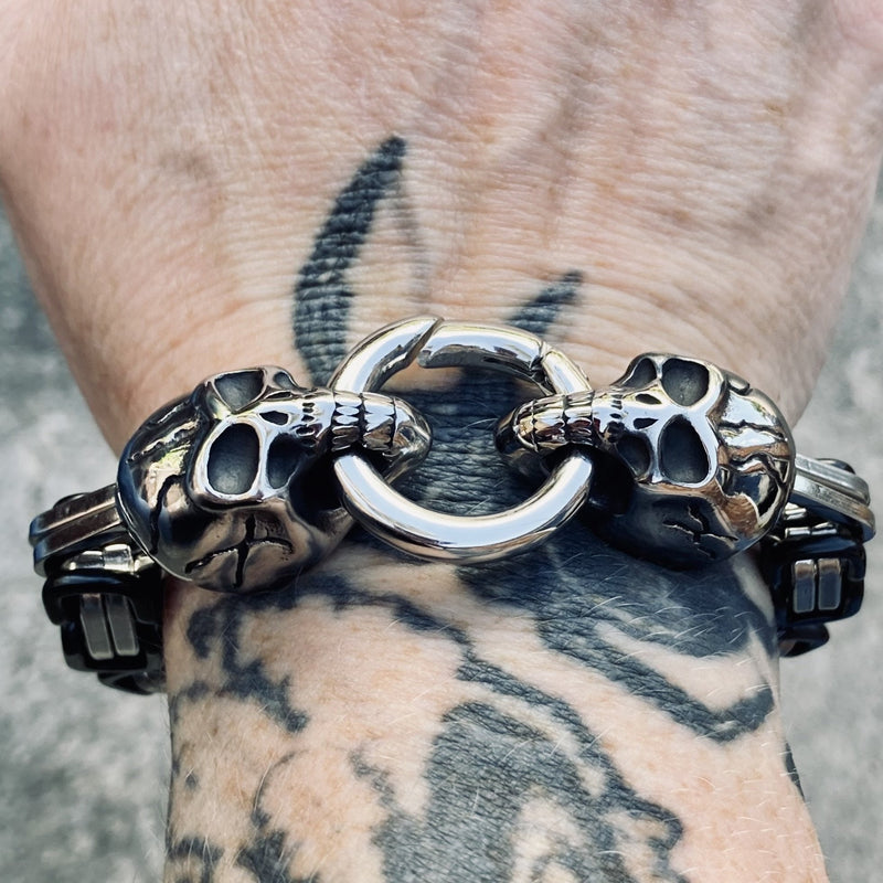 2 Skull Daytona - Black and Silver Stainless - B86 Biker Jewelry Skull Jewelry Sanity Jewelry Stainless Steel jewelry