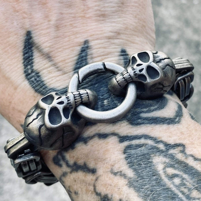 Bracelet - 2 Skull Daytona - Galvanized - Heritage - B85 Biker Jewelry Skull Jewelry Sanity Jewelry Stainless Steel jewelry