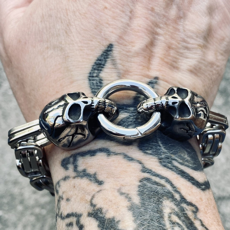 Bracelet - 2 Skull Daytona - Polished Silver Stainless - Heritage - B87 Biker Jewelry Skull Jewelry Sanity Jewelry Stainless Steel jewelry