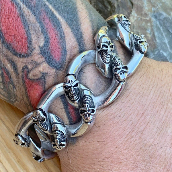 Bagger Bracelet - Skull ChainGang - Classic - 1.25" Wide - B34 Bracelet Biker Jewelry Skull Jewelry Sanity Jewelry Stainless Steel jewelry