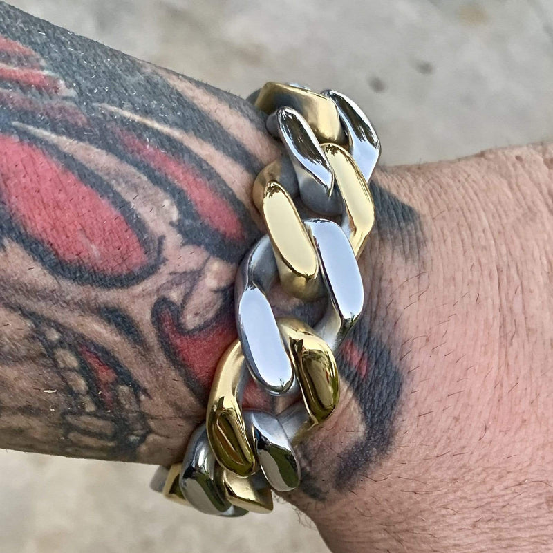 Bagger Bracelet - "EASY RIDER" - 2 Tone Gold & Stainless - 3/4" wide - B Bracelet Biker Jewelry Skull Jewelry Sanity Jewelry Stainless Steel jewelry