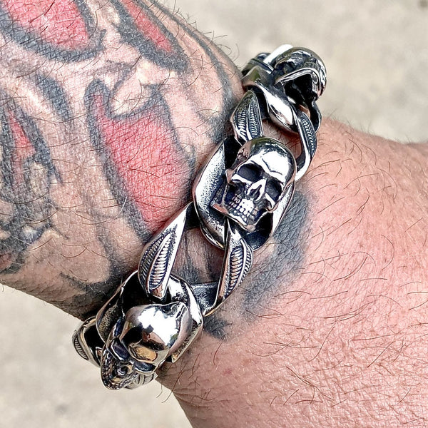 "Road Warrior" Skull Bracelet- Links made of Skulls B79 Bracelet Biker Jewelry Skull Jewelry Sanity Jewelry Stainless Steel jewelry