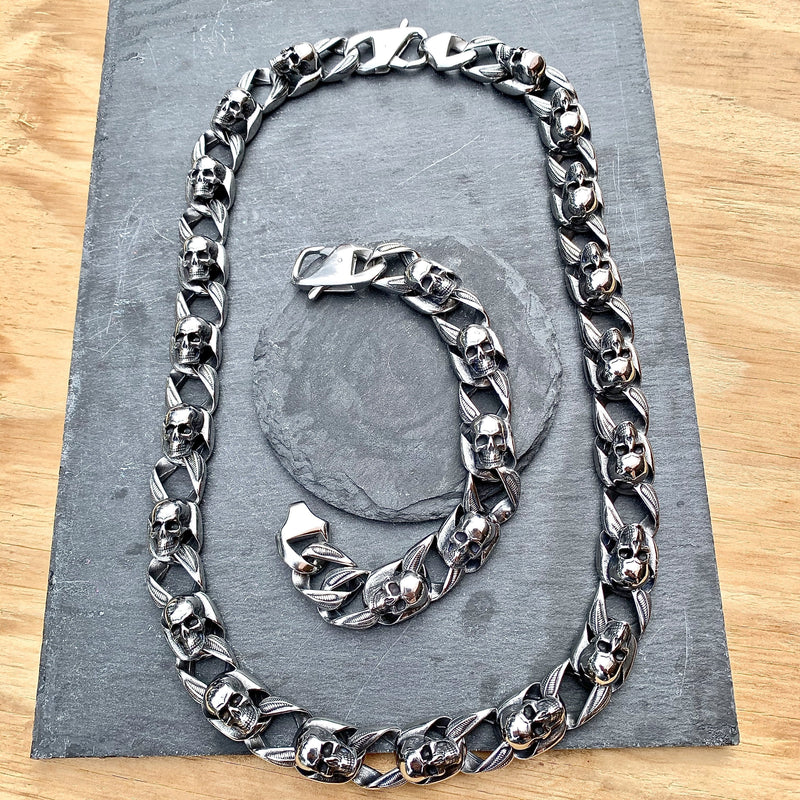 "Road Warrior" Skull Bracelet- Links made of Skulls B79 Bracelet Biker Jewelry Skull Jewelry Sanity Jewelry Stainless Steel jewelry