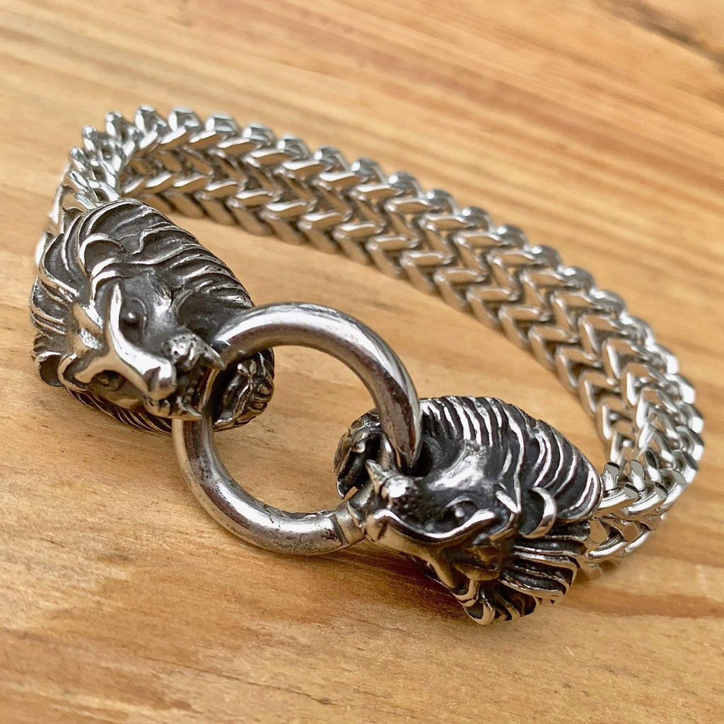 Sterling silver lion bracelet, retro hand-carved silver jewelry, men's  open-ended personality trendy bracelet inlaid