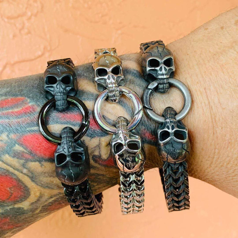 "Viking with 2 Skull Heads" - Galvanized Stainless - 1/2 inch wide - B10 Bracelet Biker Jewelry Skull Jewelry Sanity Jewelry Stainless Steel jewelry