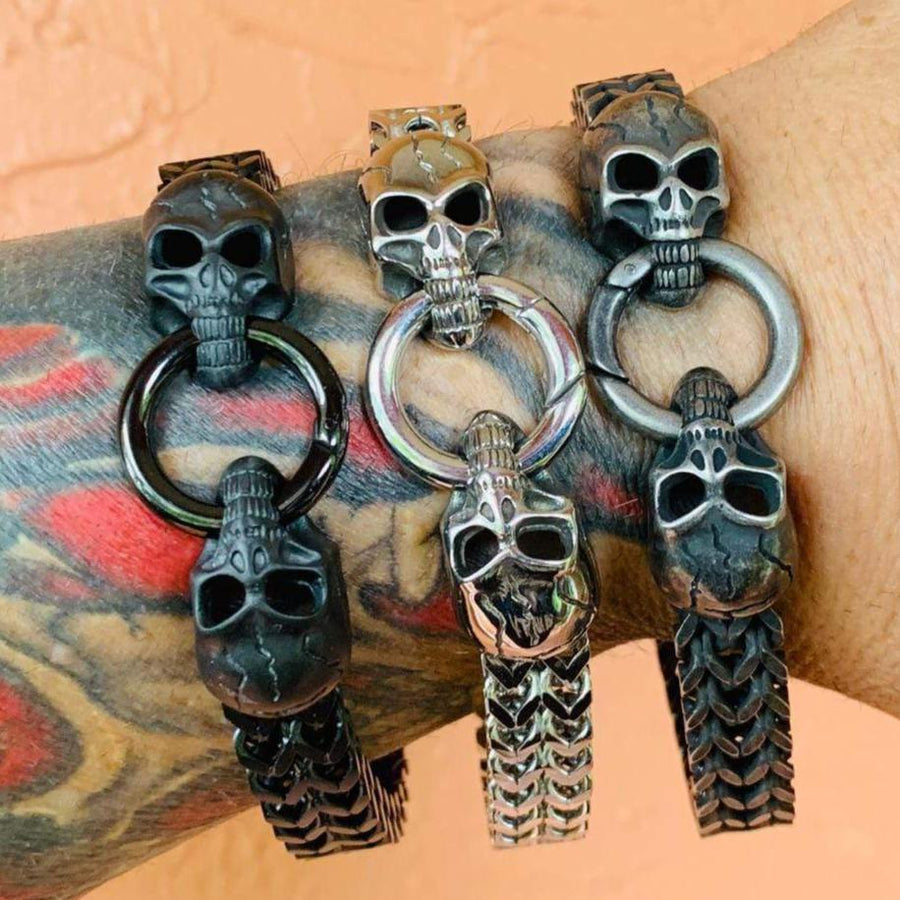 VIKING BRACELET WITH 2 SKULL HEADS GALVANIZED STAINLESS - 1/2 INCH