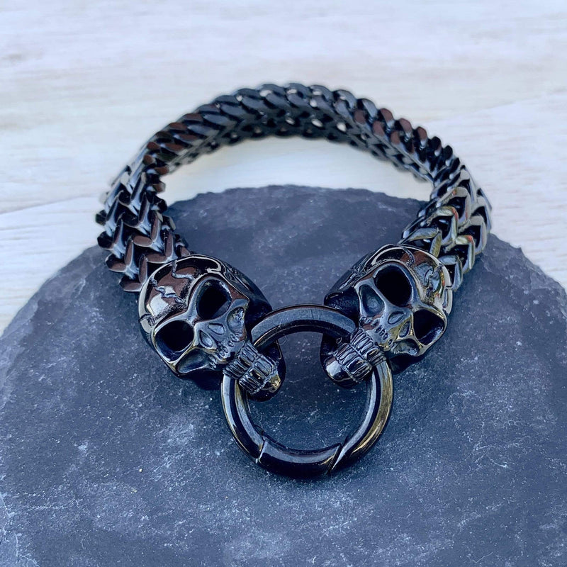 "Viking with 2 Skull Heads" - Shiny Black - 1/2 inch wide - B77 Bracelet Biker Jewelry Skull Jewelry Sanity Jewelry Stainless Steel jewelry