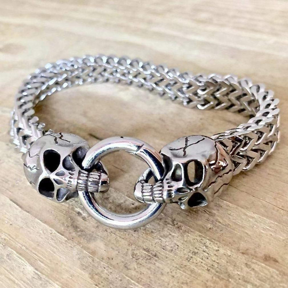 Stainless Steel Viking Bracelet With 2 Skull Heads 1/2 Inch Wide