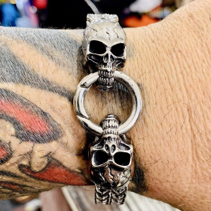 "Viking with 2 Skull Heads" - Stainless - 1/2 inch wide - B12 Bracelet Biker Jewelry Skull Jewelry Sanity Jewelry Stainless Steel jewelry