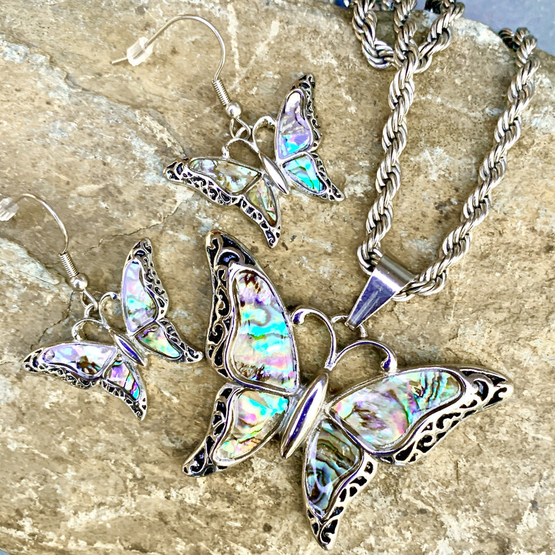 Abalone - Butterfly "Scrollwork" Earrings SK2559E Earrings Biker Jewelry Skull Jewelry Sanity Jewelry Stainless Steel jewelry