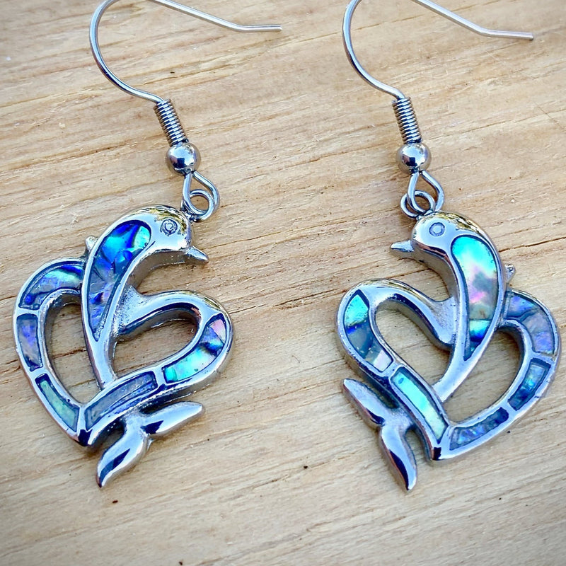 Abalone - Dolphin Heart Earrings SK2563E Earrings Biker Jewelry Skull Jewelry Sanity Jewelry Stainless Steel jewelry