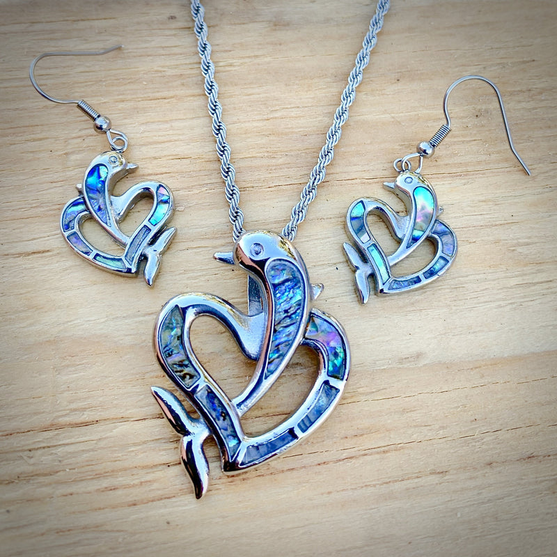 Abalone - Dolphin Heart Earrings SK2563E Earrings Biker Jewelry Skull Jewelry Sanity Jewelry Stainless Steel jewelry
