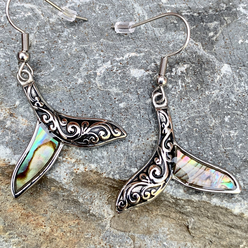 Abalone - Dolphin 'Scrollwork" Earrings SK2576E Earrings Biker Jewelry Skull Jewelry Sanity Jewelry Stainless Steel jewelry