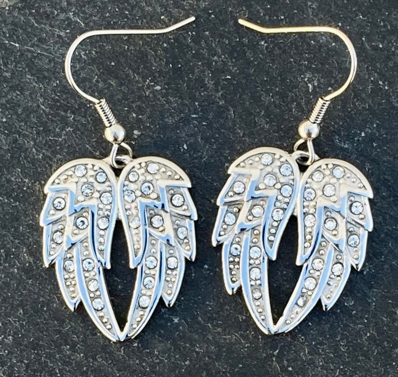 Sanity Jewelry Earrings Angel Heart Wing - Double Wings - Earrings - Silver w/White Stone -  SK2608E