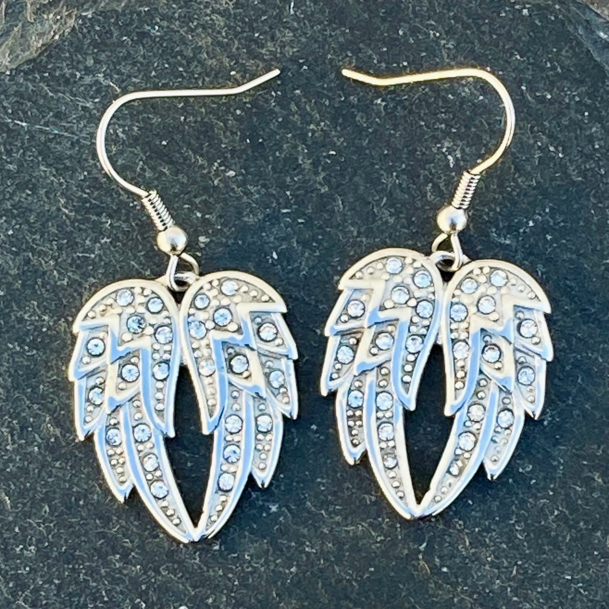 Angel Heart Wing - Double Wings - Earrings - Silver W/White