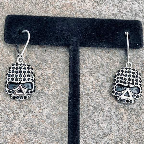 Sanity Jewelry Earrings Bling Skull Earrings - Black Stone - French Wire - SK2594E