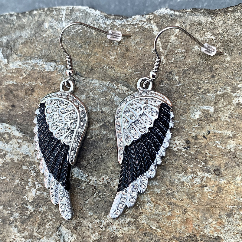 "Crystal Angel Wings" Earrings - Black & White -  SK2250E Earrings Biker Jewelry Skull Jewelry Sanity Jewelry Stainless Steel jewelry