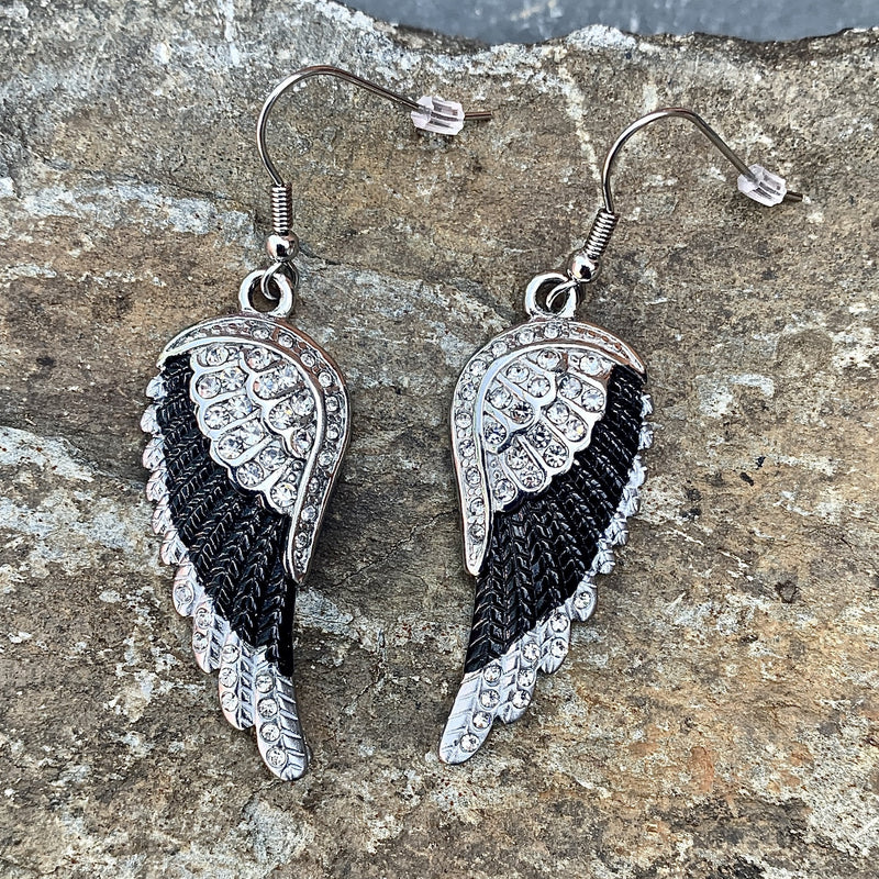 "Crystal Angel Wings" Earrings - Black & White -  SK2250E Earrings Biker Jewelry Skull Jewelry Sanity Jewelry Stainless Steel jewelry