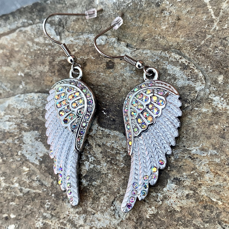 "Crystal Angel Wings" Earrings - Rainbow Stones -  SK2254E Earrings Biker Jewelry Skull Jewelry Sanity Jewelry Stainless Steel jewelry