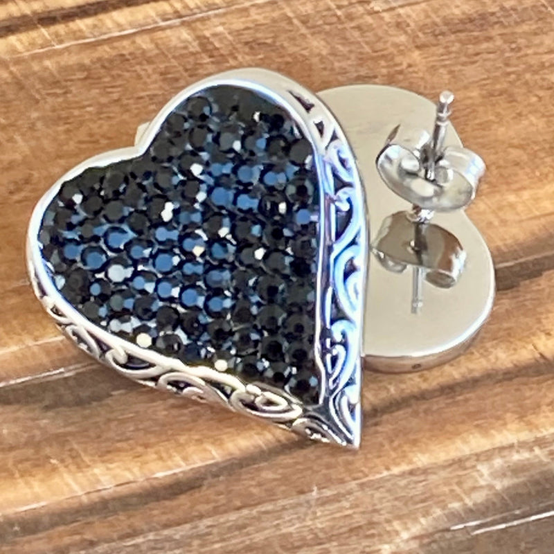 Sanity Jewelry Earrings Crystal Heart Earrings - Black - Stud - AJ02S