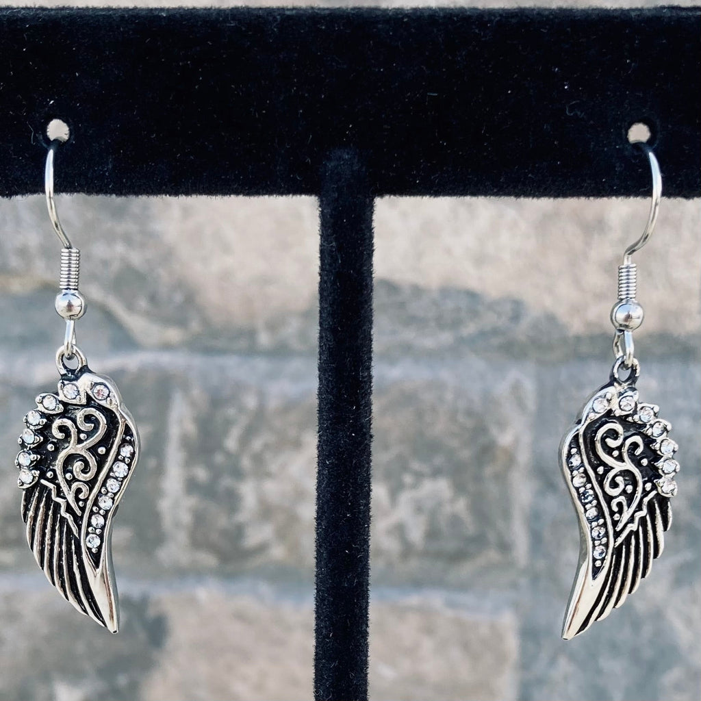 Angel Wings Mini Earrings Silver W/White Stones French wire- SK229