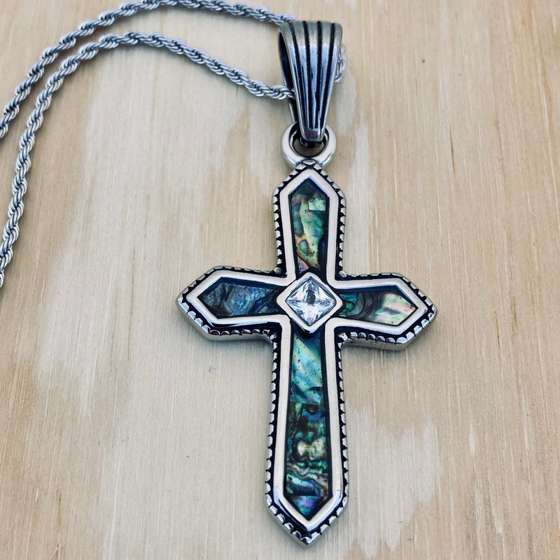 Sanity Jewelry Ladies Necklace Abalone - Cross - Crystal Center -  Pendant with Classic Rope Chain or Omega SK2598