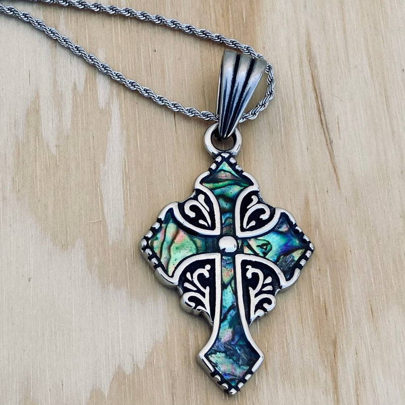 Sanity Jewelry Ladies Necklace Abalone - Cross - Medieval -  Pendant with Classic Rope Chain or Omega SK2599