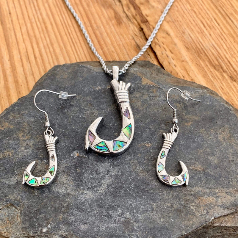abalone fish hook Sea Shell - Fishing Hook Pendant - Rope Necklace