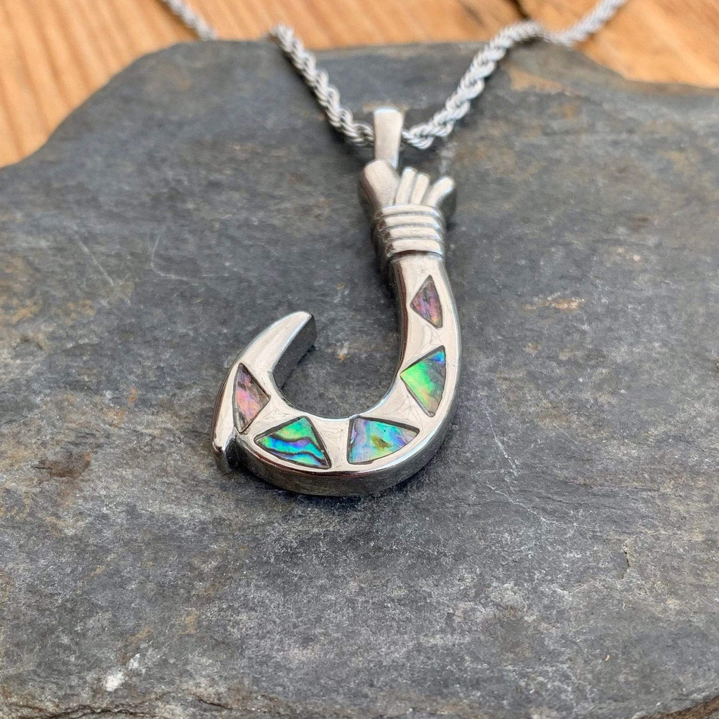 abalone fish hook Sea Shell - Fishing Hook Pendant - Rope Necklace