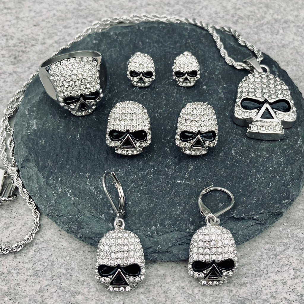 Bling Skull - Mini Pendant - White Stone - Rope Necklace or Omega - SK2595M