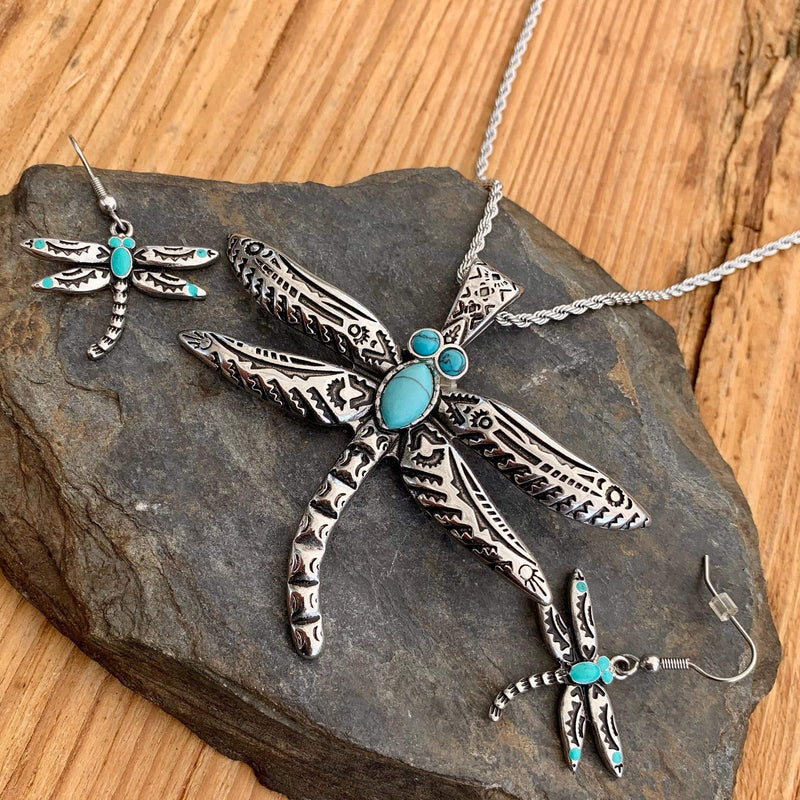 "Dragonfly Turquoise" with Rope Chain SK2530 Ladies Necklace Biker Jewelry Skull Jewelry Sanity Jewelry Stainless Steel jewelry