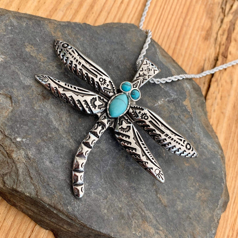"Dragonfly Turquoise" with Rope Chain SK2530 Ladies Necklace Biker Jewelry Skull Jewelry Sanity Jewelry Stainless Steel jewelry