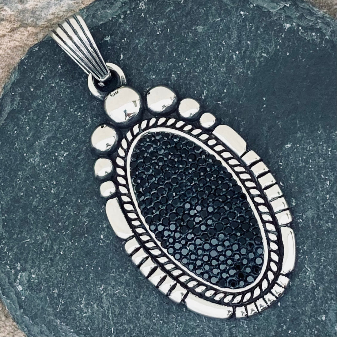 Oval - Black Crystal - Maleficent Pendant - Rope Necklace or Omega - S