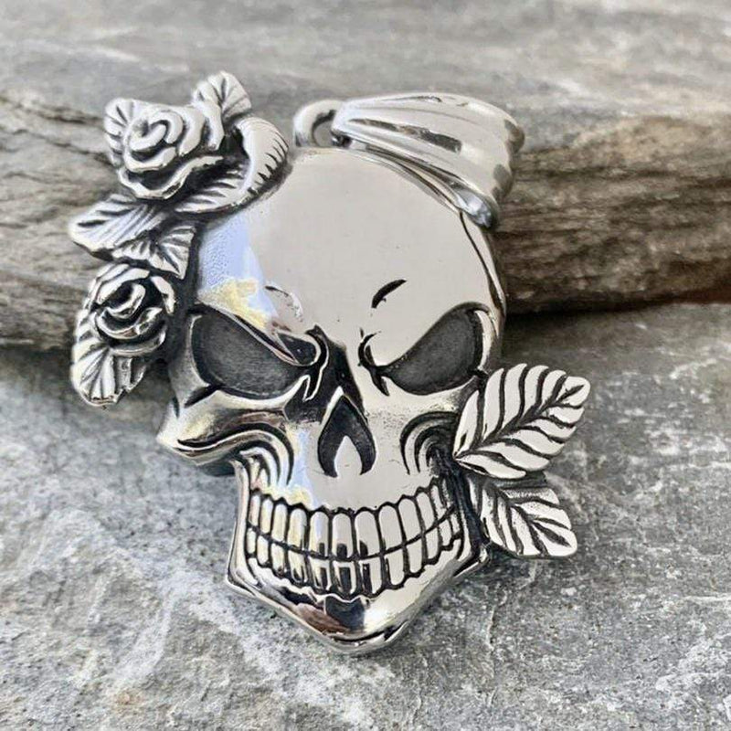 "Rose & Leaf" Skull with Classic Chain - PEN278 Ladies Necklace Biker Jewelry Skull Jewelry Sanity Jewelry Stainless Steel jewelry