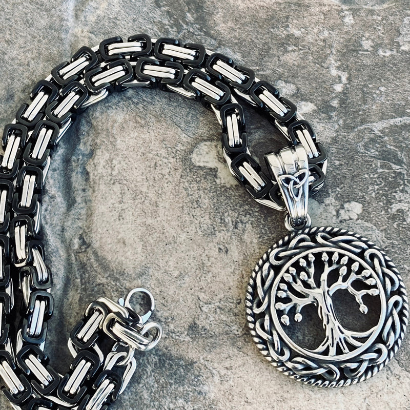 Sanity Jewelry Necklace 22” Black & Silver "Sanity's Combo" - Viking - Tree of Life Round - Yggdrasil Pendant & Necklace (815)