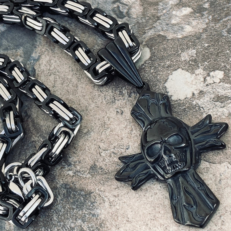 Sanity Jewelry Necklace 22 inches Black & Silver Stainless "Sanity's Combo" - Skull Cross - Silver Pendant & Necklace (808)