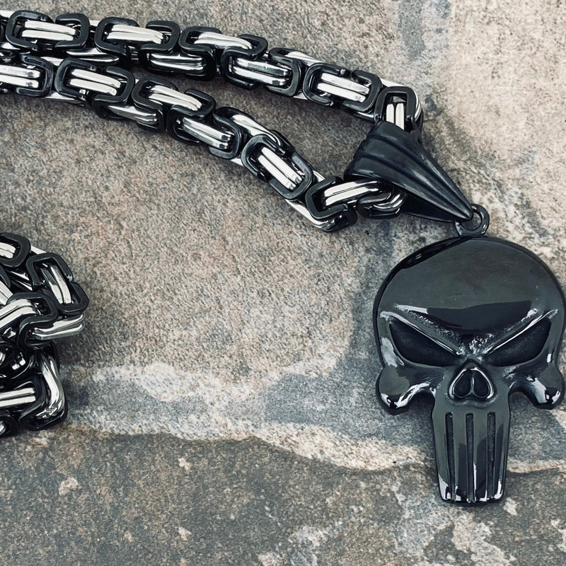 Sanity Jewelry Necklace 22 inches Black & Silver Stainless "Sanity's Combo" - Skull Matte Black Pendant & Necklace (467)
